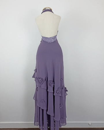 Retro A Line Halter Flower Purple Chiffon Open Back Evening Dress Party Dress HZ1023
